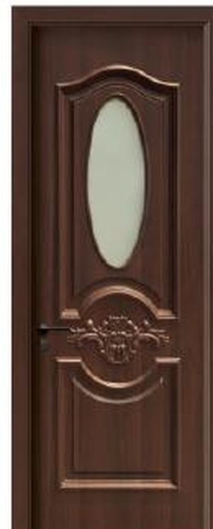 Puerta WPC NM-626B, Madera oscura · Relieve tallado con vidrio ovalado